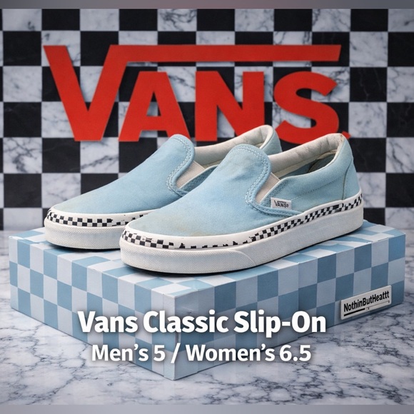 Vans Shoes - Vans Classic Slip-On Light Blue Canvas Checker Foxing | Men’s 5 / Women’s 6.5